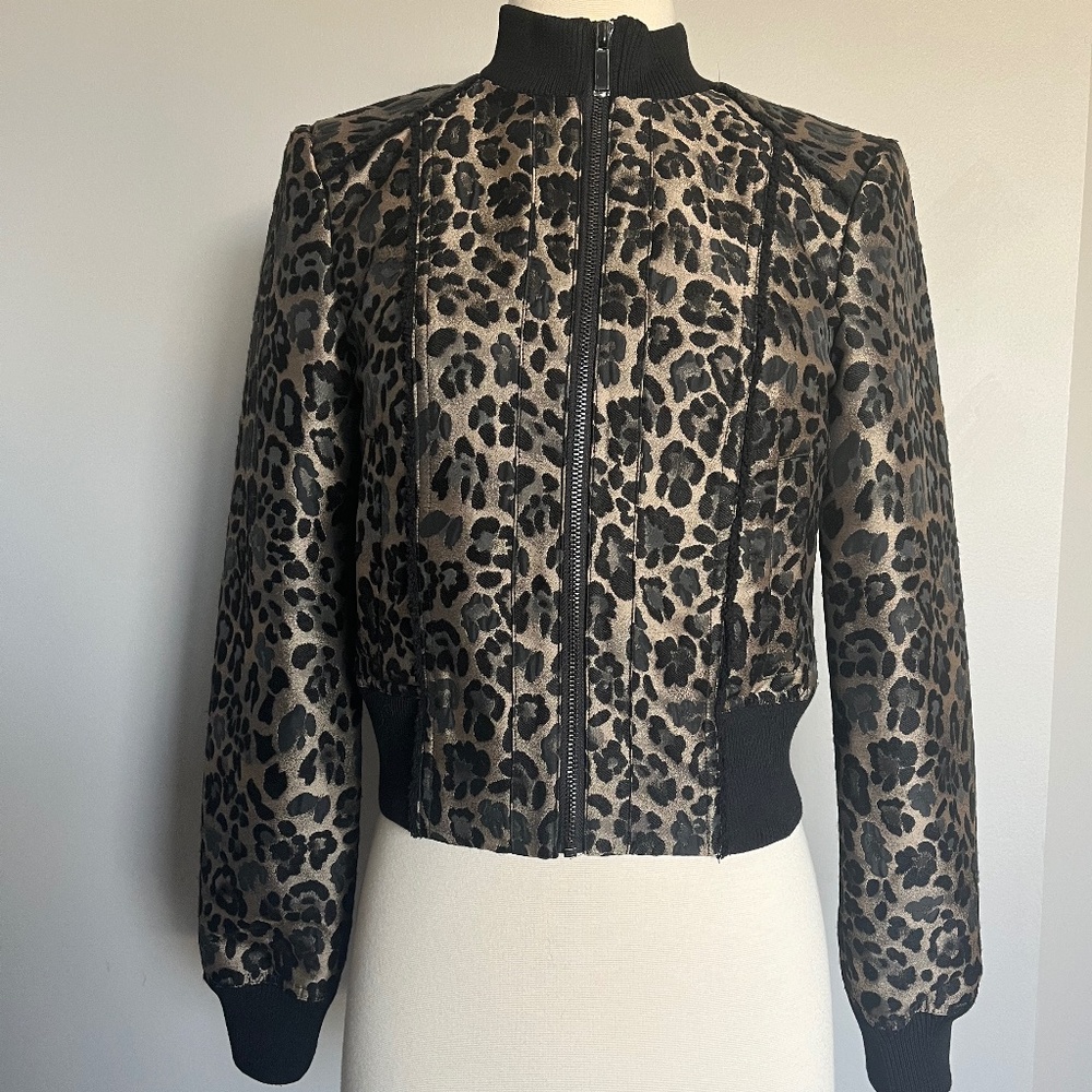 NWT Cache Leopard Cheetah Animal Print Jacquard Fringe Cocktail‎ Bomber Jacket S